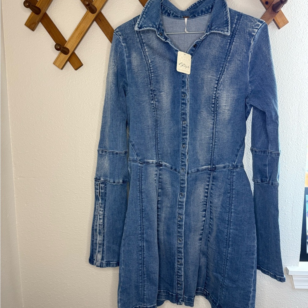 Free People Denim Long Sleeve Dress- Thea Denim Mini Dress